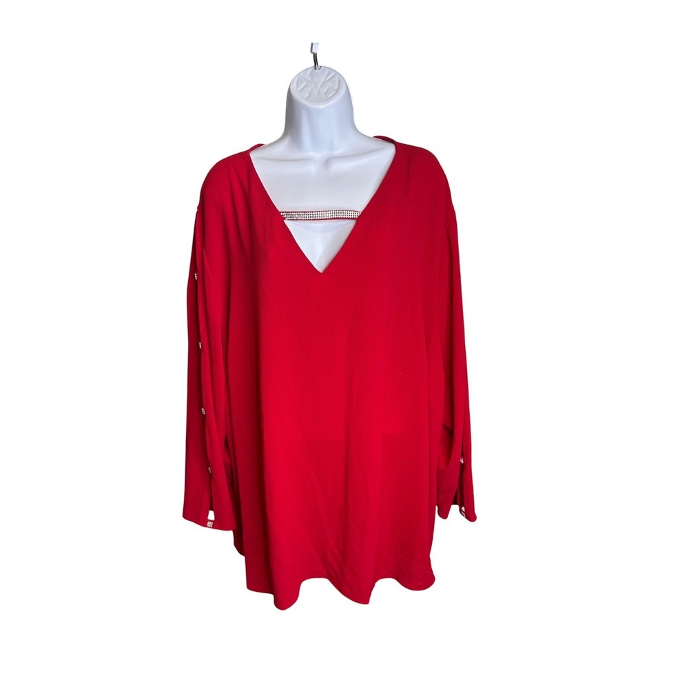 CATHERINES Red Long Sleeve Rhinestone Detail Top Size 3X Dressy Flowy Mob Wife